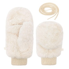 UILYNIU Women's Mittens, Half Finger Gloves with Cap, Warm Winter Gloves, Faux Fur Gloves, Half Finger Mittens, Thermal Gloves, Fingerless Gloves, Winter Gloves Women, White