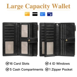 GOIACII Women's Large Long Format Leather Wallet with RFID Protection, Purse for Women with 16 Card Slots and Hand Strap, black
