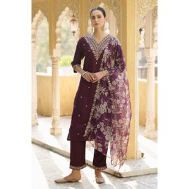 VredeVogel Women's Embroidered Viscose Rayon Kurta with Pant & Organza Dupatta Set (Purple_Medium)