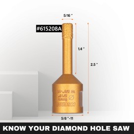 KSEIBI 615208 Diamond Hole Saw, 5/16 Inch (8MM) Diamond Core Drill Bit for Porcelain, Ceramic, Granite, Brick, Marble, Dry Cutting, 1-3/8" Drilling Depth, 5/8"-11 Thread, for Angle Grinder, 2-PCs