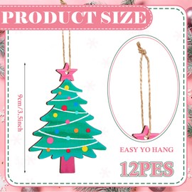 Colingmill 12 Pcs Pastel Christmas Tree Ornament Pink Blue Green Candy Color Xmas Tree Shaped Decorations Wooden Crafts 3D Design Hanging Decor for Xmas Decoration