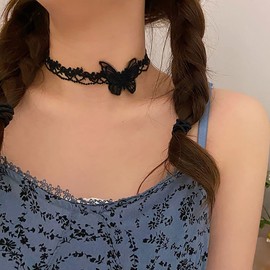 TseenYi Black Lace Gothic Vintage Butterfly Choker Necklace for Women & Girls, Goth Lolita Fashion, 16 Inch Chain