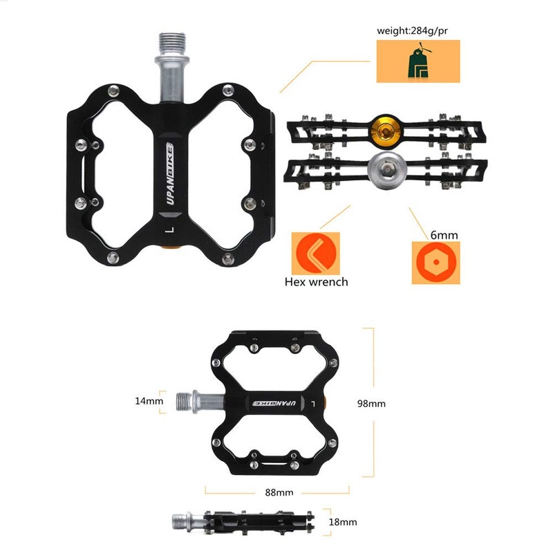 UPANBIKE Triple Bearings Bike Pedals Aluminum Flat Platform CR-MO Spindle(Black)