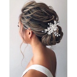 Resweky Bridal Hair Flower Pin Silver Beads Bridal Hair Pieces Leaf Hair Pin Wedding Bride Hair Accessories for Women and Girls