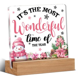 Christmas Gifts, Pink Christmas Snowman Decorations for Home, It's The Most Wonderful Time of The Year Decor Desk Signs Plaques 4 × 4 Inches Acrylic