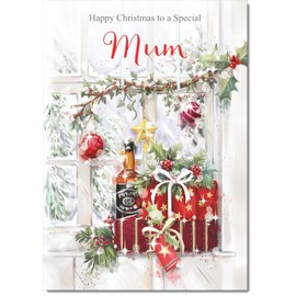 doodlecards Mum Christmas Card Wine and Parcels Medium Size Christmas Card for Mum with Plain Envelope