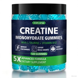 TOPCAPAK Creatine Monohydrate Gummies for Men & Women - Blueberry Flavor, Raspberry-Shaped - Chewable Creatine Gummy with Taurine & Vitamin B12, 5g Creatine per Serving, 120 Gummies
