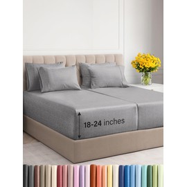 CGK Unlimited Extra Deep Split King Sheet Set - 7 Piece Breathable & Cooling Sheets - Hotel Luxury Bedding Set 18-24 Inch Extra Deep Pockets - Easy Fit, Soft, Wrinkle Free & Comfy - Heathered Grey, Split King Size