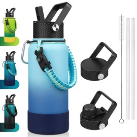 BJPKPK 32oz Insulated Water Bottles with 3 Lids, Paracord Handle & Non-slip Boot, Stainless Steel Metal Water Bottle,Reusable BPA Free Thermos, Tumblers, Sky