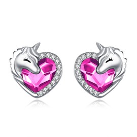 VONALA Unicorn Earrings Girls 925 Sterling Silver Crystal Heart Stud Earrings Jewellery Gifts for Women Children, Sterling Silver, Crystal