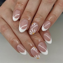 Flower False Nails Short - Oval White French Tip False Nails - French Press On Nails With Floral Designs - Glossy Full Cover Acrylic Fake Nail - Spring Summer Stick On Nail For Women Girls