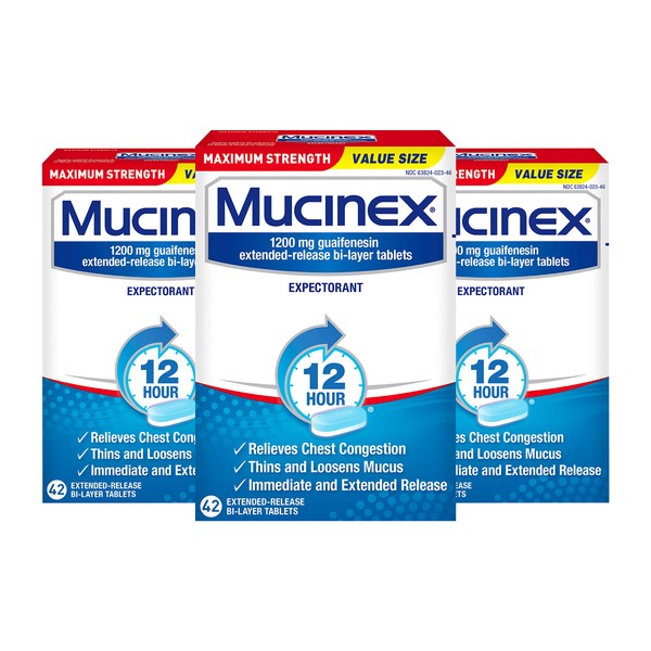 Mucinex Maximum Strength 12 Hour Chest Congestion Medicine, Chest Congestion Relief, Expectorant, Lasts 12 Hours, Powerful Symptom Relief, Extended-Release Bi-Layer Tablets, 42 Count (Pack of 3)