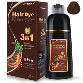 MEIDU 3 in 1 Black Hair Dye Shampoo - Herbal Ingredients Can cover gray hairs, Contains Ginseng Extract, Natural Haircoloring, Easter's Gift:_Dark Brown+2Hair Mask