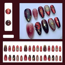 Almond Press on Nails Red Gradient Fake Nails Medium French Tip Acrylic Nails 3D Embossed Shell False Nails with Star Designs Glossy Full Cover Stick on Nail for Women Girls 24PCS