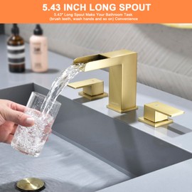 OMEKNTOP Gold Bathroom Faucets 3 Hole Waterfall Bathroom Sink Faucet 8 Inch Widespread Bathroom Faucet 2 Handle Sink Faucet for Bathroom Large Rectangular Spout Vanity Faucet with Pop Up Drain