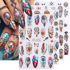 4 Sheets Bohemia Nail Stickers 3D Self-Adhesive Summer Nail Art Stickers Colorful Feather Flowers Butterfly Gems Designs Nail Art Supplies French Tip Nail Decals for Women Girls Acrylic Nail Salon