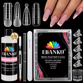EBANKU Poly Gel Nail Forms - Dual Forms for Builder Nail Extension, 4 Style 12 Size Dual Forms Set with 2.5oz Slip Solution, Brush, File, 5PCS Clips-96PCS