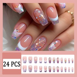 24Pcs Purple Glitter French Tips Press on Nails Glossy Medium Coffin Fake Nails Rhinestones Acrylic Full Cover False Nails Curve Gel Glue Stick on Fingernails for Women Holiday Manicure Art