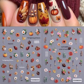 2 Sheets Maple Leaf Nail Art Sticker 5D Embossed Thanksgiving Pumpkin Nail Stickers Pinecone Rose Ginkgo Leaf Design Nail Decals for Women Autumn Manicure Decoration