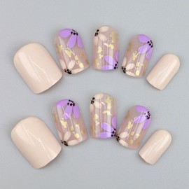Short Press on Nails Square Fake Nails Purple Flowers Nails Press ons White Full Cover Acrylic Nails Cute Artificial Gold Foil Stick on Nails for Women Girl 24 Pcs