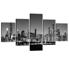 5 Pcs Abstract Cityscape Chicago Skyline Wall Art Black and White Modern Panoramic Cityscape Picture Painting Bedroom Office Living Room Home Decoration City View Framed Ready to Hang - 60" Wx 40"H