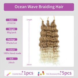 24 Inch Ocean Wave Crochet Hair 3 Packs Deep Wave Braiding Hair Curly Crochet Synthetic Braids Hair Extension for Women (27/613#, 24 Inch 3 Packs)