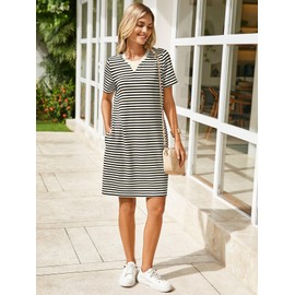 Glamaker Women Summer Tshirt Shift Dress Casual Striped Short Sleeve Crew Neck Knee Length Comfy Dress with Pockets (Black Stripe L)