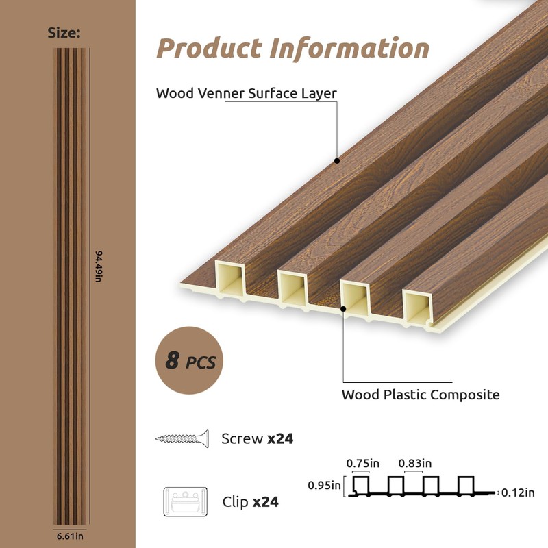 WPC Slat Wall Paneling, Modern Accent 3D Wall Panels, 8-Piece