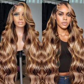 SFTNMEH Honey Blonde Ombre 13x6 Lace Front Wig Human Hair 210 Density Highlight Body Wave Lace Front Wigs Human Hair Pre Plucked Glueless Lace Frontal Wig for Women 4/27 Colored 32Inch