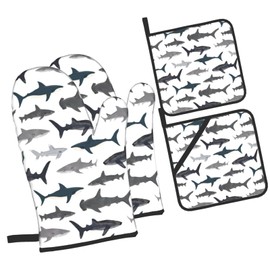 Ocean Whale Shark 4pcs Oven Mitts and Pot Holders Sets,Heat Resistant Non Slip Kitchen Gloves Hot Pads with Inner Cotton Layer for Cooking BBQ Baking Grilling