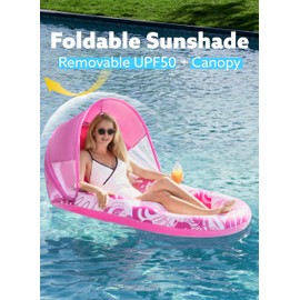 Sloosh Inflatable Pool Floats Lounger Adult, Pool Lounge with Canopy Raft Floaties Water Floating Recliner Chair with Cup Holders Foot Rest Swimming Floaty
