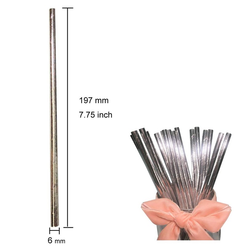 Metallic Solid Silver Party Straws, Disposable Durable Silver Paper Drinking