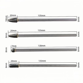 4Pcs Long Carbide Burr Set 6mm Shank Total L 155mm Die Grinder Bits Rotary Rasp Attachment Cut Port Grind Metal Cast Iron Steel Aluminum Cylinder Head Engine Intake Exhaust Manifold Tight Area