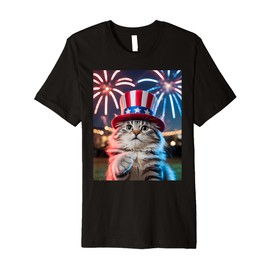 4th of July Cat Selfie Uncle Sam Hat Fireworks Funny Patriot Premium T-Shirt
