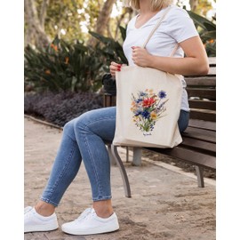 Loxato Printed Fabric Bag, Cotton Bag, Printed 100% W 35 x H 42 x D 8 cm, Canvas Fabric 220 g/m², Printed Jute Bag, Shopping Bag, Long Handle, 70 cm Shopping Bag, wildflower bouquet 3