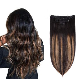 5 Pieces 18" Remy Clip in Hair Extensions Human Hair Natural Black to Chestnut Brown Highlight Black Ombre - Silky Straight Short Thick Real Hair Extensions for Women (18 inches, (1BT6) P1B, 90grams)
