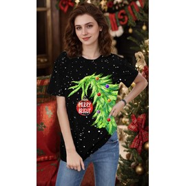 AMWIPE Merry Christmas Shirts for Women Santa Holiday Graphic Tshirt Xmas Tree Vintage Family Outfits Black