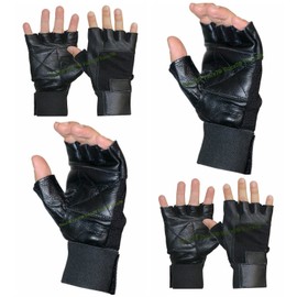 Voice7 Leather Fingerless GLOVES | Long Lasting Adjustable Strap ~ For Goth Biker ~ Punk Drivers ~ Gym ~ Cycling ~ MotorBike ~ BodyBuilding ETC | (BLACK, LARGE)
