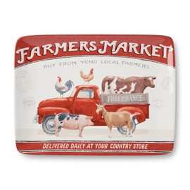 Vintage Farm 16x12-Inch Rectangular Platter, Farmers Market Design with Red Pickup & Farm Animals, Durable Ceramic, Rustic Farmhouse Style for Serving Meats, Vegetables & Desserts
