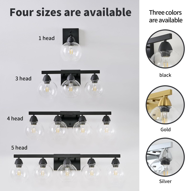 Ruibutrade Bathroom Light Fixtures, 4-Light Black Vanity Light with Hand-Blown