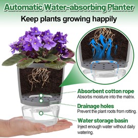 Aulock 6 pcs Self Watering Plant Pots - 4.1/3.2 in Plastic Planter with Drainage Holes, Flower Pots for African Violet, Mini Indoor Plants, Succulents, Herbs, Cactus, Basil, Grey