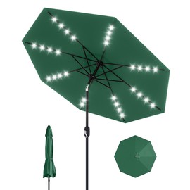 GarveeLife Patio Umbrella with Lights, 8 Ribs Outdoor Market Table Umbrella for Pool, Deck, Backyard (Dark Green, 9FT)