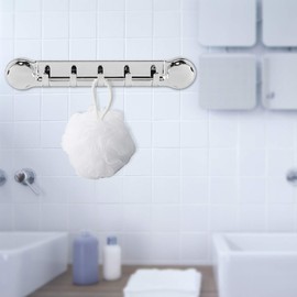 JKOKPMG Suction Cup Towel Bar, 15.74 Inches Self-Adhesive Bath Ball Holder for Bathroom, No Drill Wall Mounted Towel Rack with 5 Hooks, Storage Shelf for Kitchen, Toilet, Shower, Door