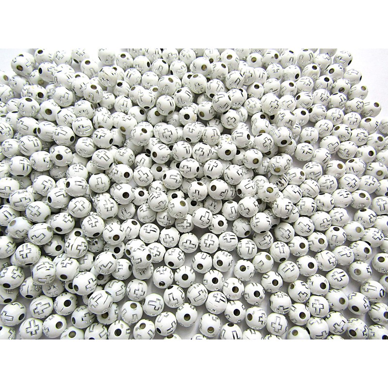 500pcs Silver Cross Acrylic Beads Round Beads 8mm White Craft