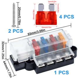 4-Way Blade Fuse Block 12 V Fuse Holder Fuse Carrier with 4 x Standard Blade Fuses (5A 10A 10A 15A) for Automobile, Car, Truck, Boat, Marine, Motorhome