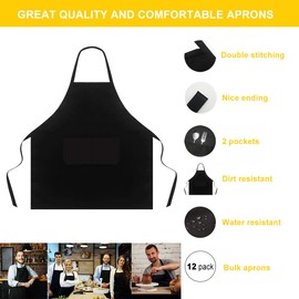 Hi loyaya Bib Black Aprons for Women Men Adult Chef with Pockets, 12 Pack Bulk Kitchen Aprons for Cooking Baking Painting (12, Black)