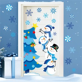 JarThenaAMCS Winter Door Stickers Christmas Tree Snowman Candy Snowflake Decals Large Mural Stickers for Xmas Home Refrigerator Wall Window Decor, 35.4 x 11.8 Inch, 2 Rolls