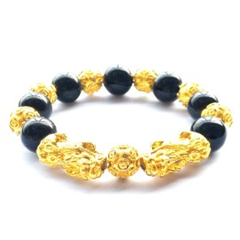 Homelavie Feng Shui 12mm Black Obsidian/Mantra Bead Bracelet with Double Golden Pi Xiu/Pi Yao and Copper Coins Bead Lucky Wealthy Amulet Brecelet, Metal