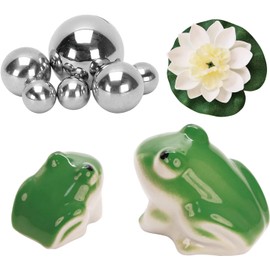 MURISE Mini pond decoration, floating frog made of ceramic, set of 2 with silver swimming balls and lotus and leaf set for mini pond, patio pond, zinc baths, solar fountain, garden, balcony decoration