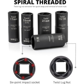 NEIKO 02340A Twist Socket Set, 6 Pc Lug Nut, SAE & Metric, 1/2 Inch Dr. Impact Flip Socket Set, 6 Point & Twist Lug Nut Extractor, CR-Mo Steel Wheel, 3" Impact Extension Bar